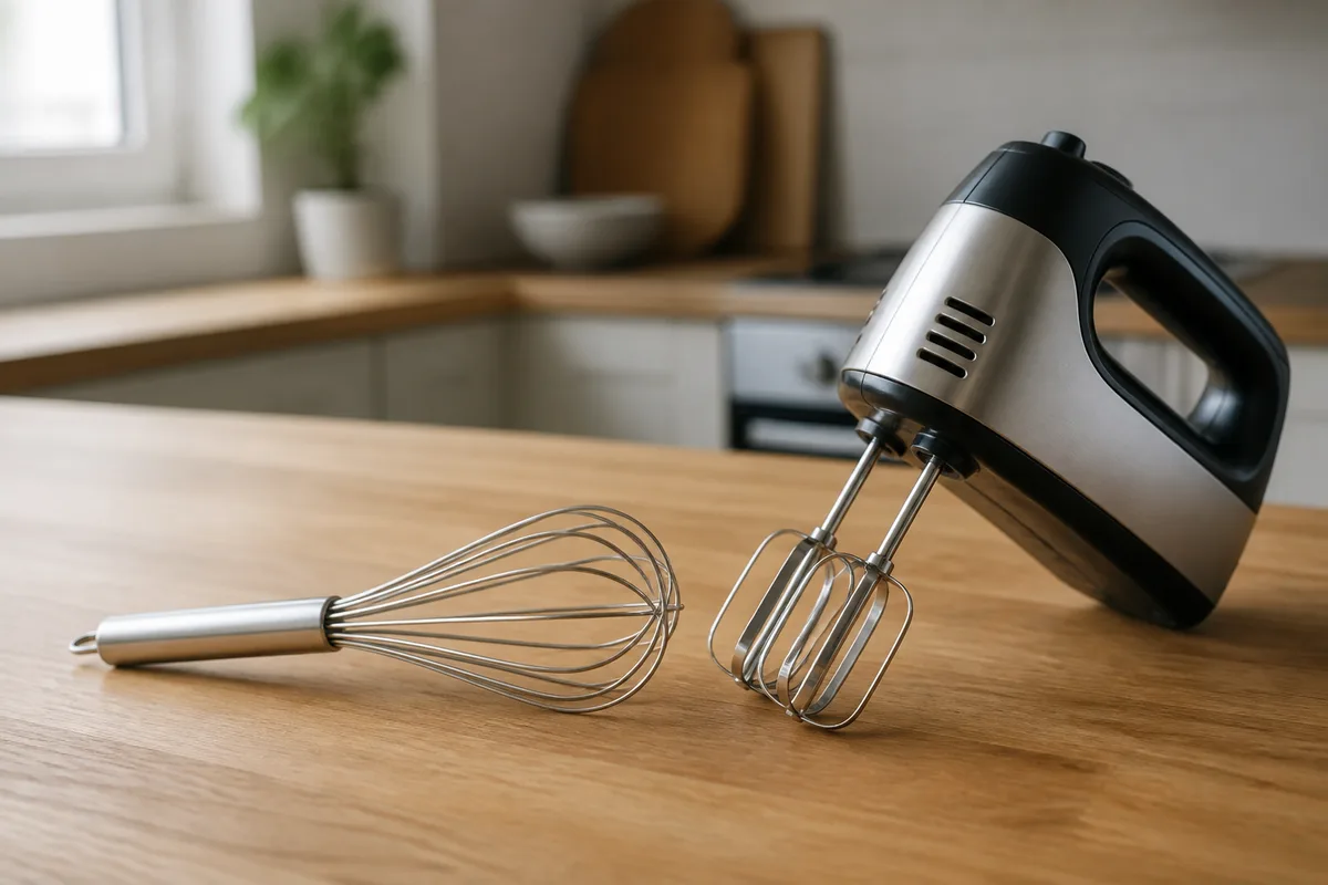 Fouet à main en inox et batteur électrique posés côte à côte sur un plan de travail en bois clair