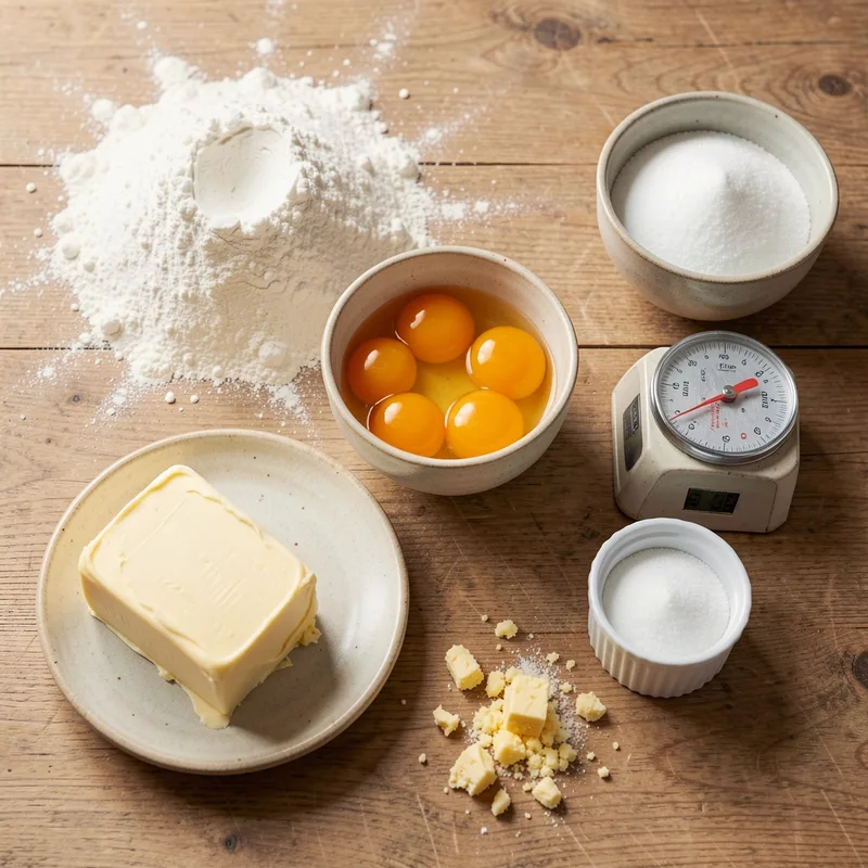 Ingrédients du gâteau battu pesés sur un plan de travail en bois, jaunes d&rsquo;œufs dans un bol et beurre pommade