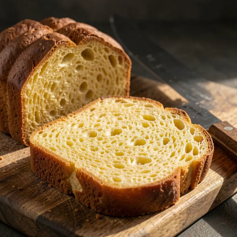 Gâteau battu doré démoulé sur une grille, mie filante visible sur une tranche coupée