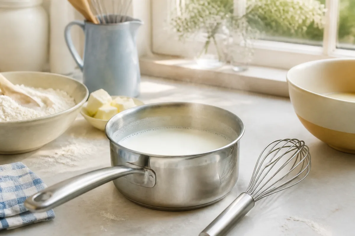 Casserole de lait chauffant doucement avec un fouet posé à côté