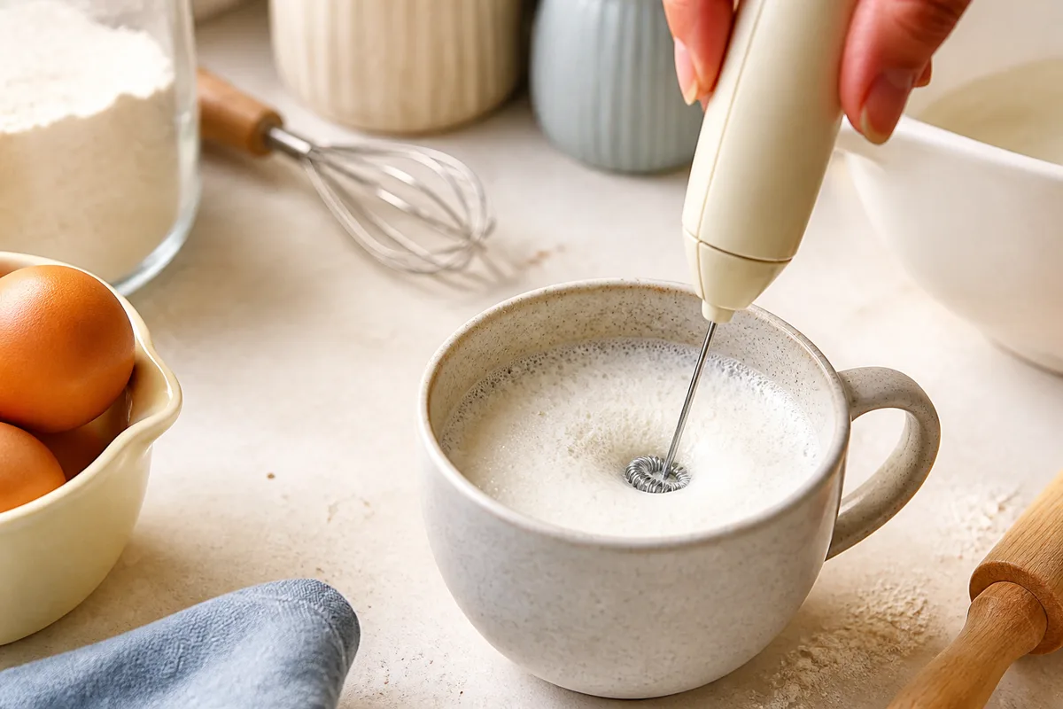 Mini fouet électrique en action dans une tasse de lait mousseux