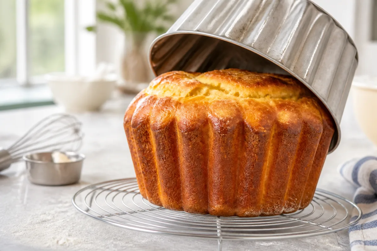 Pâte levée dorée sortant d&rsquo;un moule cannelé après cuisson