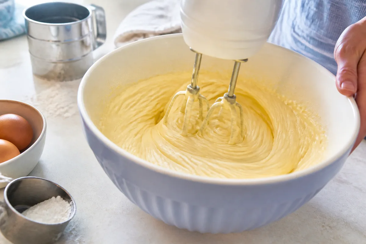 Pâte à cake travaillée au batteur dans un grand saladier
