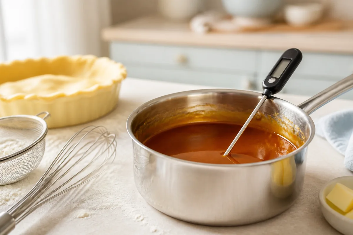 Casserole de caramel ambré et sonde électronique posée sur un plan de travail